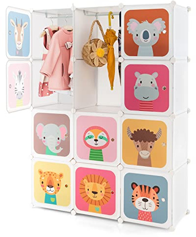 GYMAX Cartoon Clothes Closet, Portable Kids Wardrobe with Hanging Section, 12 Cubes Children Storage Unit for Bedroom Nursery (White, 109 x 37 x 145cm)