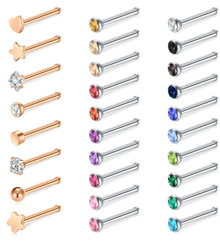WillTen 30Pcs Straight Nose Studs Silver, 20G Nose Ring Stud Straight or L Shaped Surgical Stainless Steel Small Nose Studs Pin, Tiny Nose Piercing Jewelry Silver Bone Screws Nose Studs for Women