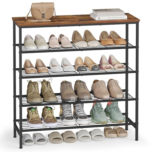 VASAGLE Schuhbank, Metallgestell, für 18-24 Paar Schuhe, 5 Ebenen | Schuhregal, 30 x 75 x 87 cm, Flur, Wohnzimmer, Schlafzimmer, vintagebraun-tintenschwarz, BARNET Kollektion LBS050KD01