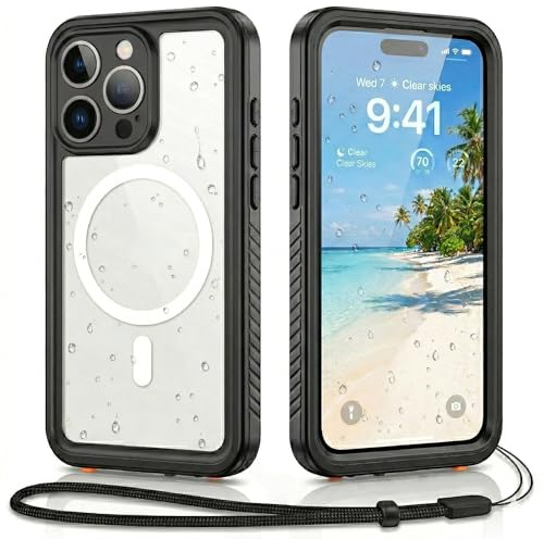 FYHCMC Magnetic for iPhone 15 Pro Case IP68 Waterproof Built-in Screen & Camera Protector Full Body Military Shockproof Dustproof Cover,Black