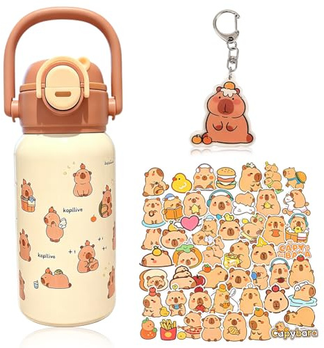 Capybara Gourde Isotherme Conception Double Paroi Anti-Fuites, 500 ml Gourde Isotherme Tasse a main ,Capybara Bouteille Isotherme avec 50 Stickers et Porte-clés pour Sport(Tasse d'isolation à main)