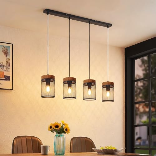 ZMH Vintage Hängelampe Holz Pendelleuchte esstisch 4 flammig Esstischlampe | E14 Hängeleuchte im Retro Look aus Metall Schwarz Pendellampe Deko für Esszimmer Küche Restaurant - Ohne Leuchtmittel