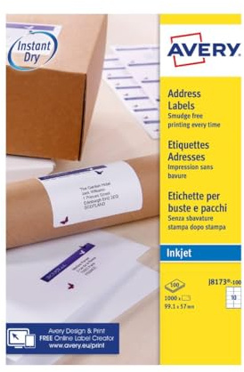 Avery Printable, customisable Parcel Mailing Labels, Inkjet Printers, 10 Labels per A4 Sheet, 1000 labels, QuickDRY (J8173) White, 100 Sheets
