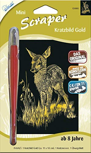 MAMMUT 131008 - Kratzbild, Motiv Rehkitz, gold, glänzend, mini, Komplettset mit Kratzmesser und Übungsblatt, Scraper, Scratch, Kritzel, Kratzset für Kinder ab 8 Jahre