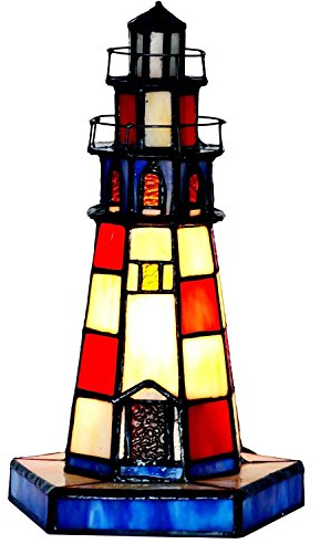 Bieye L31005 10 Zoll Leuchtturm Tiffany Stil Glasmalerei Akzent Tischlampe Nachtlicht für Schlafzimmer Schlafzimmer Wohnzimmer, rot