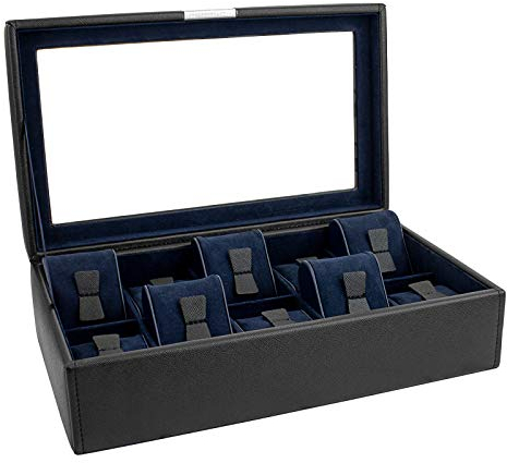 Friedrich23 Uhrenkoffer – Uhrenkasten Cross Grain mit Glasdeckel in schwarz – Platz für 10 Uhren – Feinsynthetik