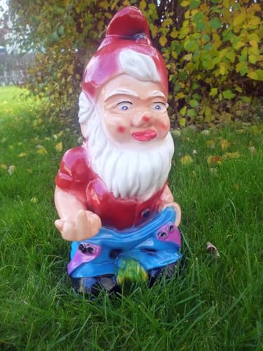 Gartenzwerg Mütze Rot ca. 32 cm Exhibitionist wetterfest, Porno Zwerg, Nudist FKK Garten-Zwerg stehend, frecher Zwerg,zeigt Mittelfinger