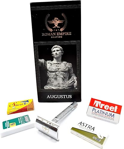 Rasoir de sécurité coupe choux traditionnel Augustus avec lot de 20 lames de rasage Astra, Derby, Shark, Treet