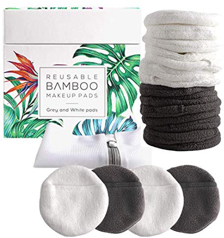 Luxury Bamboo Reusable Makeup Remover Pads, USA Brand (14 PK), Four Layer Face Pads w/Pocket - Reusable Bamboo Face Pads - Eco-Conscious Makeup Remover Pads - Includes Mesh Washing Bag (White/Grey)
