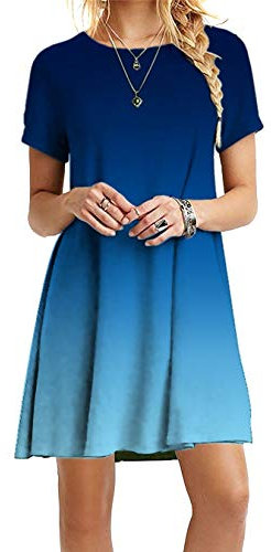 EFOFEI Damen Tie Dye Print Rundhalsausschnitt Kleid Hippie Farbverlauf Lose Kleid Farbverlauf Blau S
