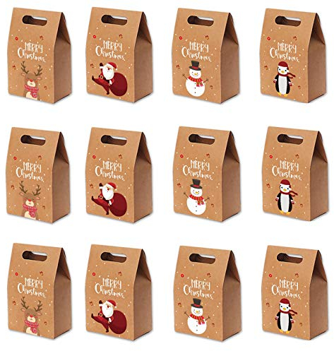 12 Stück GeschenktüTen Weihnachten Klein, Kraftpapier Weihnachten Geschenktaschen, mit Weihnachtsmann, Elch, Schneemann, Pinguinmuster, für Weihnachtsfeier Süßigkeitengeschenke, Partydekoration