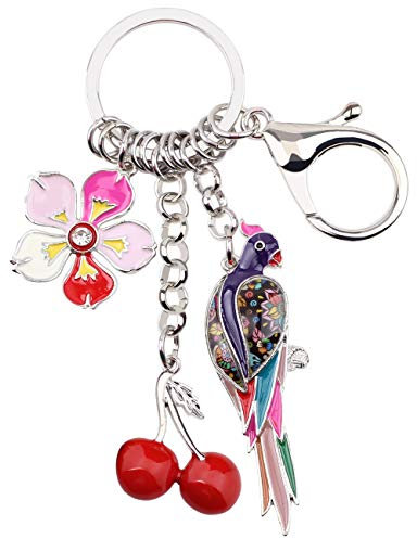WEVENI Cute Fleur Perroquet Porte-clés Charms Cerise Oiseau Perroquet Bijoux pour les Femme Filles Sac de Voiture Portefeuille (Violet)