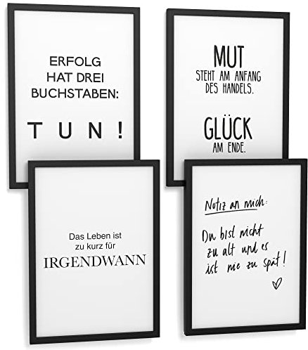 Papierschmiede® Premium Spruchposter Set 4er DIN A4 (21x30 cm) Motiv: Selbstmotivation, Mut Glück Leistung, Typografie Bilder Wohnzimmer Schlafzimmer ohne Rahmen