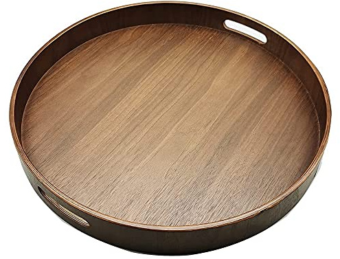 i-lan 16 Large Round Wooden Serving Tray with 2 Sides, Circle Walnut Food Storage Display Platter Plate with Handles,Decorative Wood Tray for Coffee Table,Ottoman,Vanity,Kitchen, Bathroom