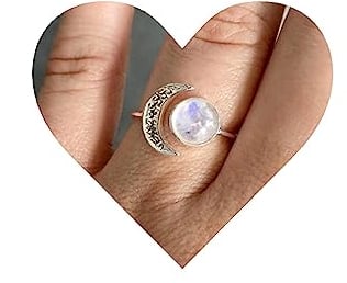 Yheakne Boho Mondsteinringe Silbermond Halboffene Ringe Vintage Bandringe Einstellbare Halbmond-Midi-Ringe für Frauen und Mädchen