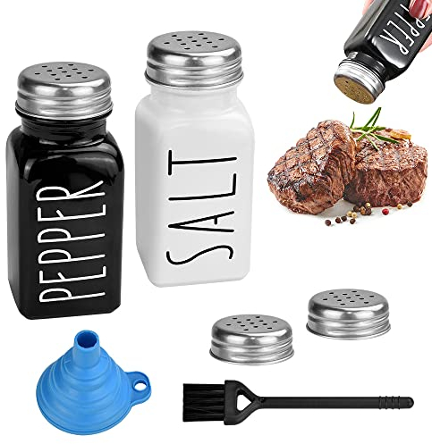 BUENTYA 2 Pcs Salière et Poivrière Verre 80ml Salière Blanche Originale Poivrier Noir Couvercle Ensemble de Pot à Épices avec Entonnoir et Brosse pour Sel, Poivre, Épices, Cuisine, Restaurant(Carré)
