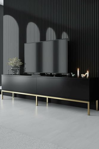 Dmora - Meuble TV Regulus, Buffet de Salon, Armoire Basse pour TV, Base Murale de Rangement, 180x30h47 cm, Noir et Or