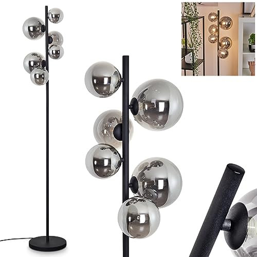 Stehleuchte Chehalis, Stehlampe aus Metall/Glas in Schwarz/Rauchfarben, 6-flammige Standlampe m. Schirmen aus Echtglas u. Fußschalter am Kabel, Höhe 157 cm, ohne Leuchtmittel