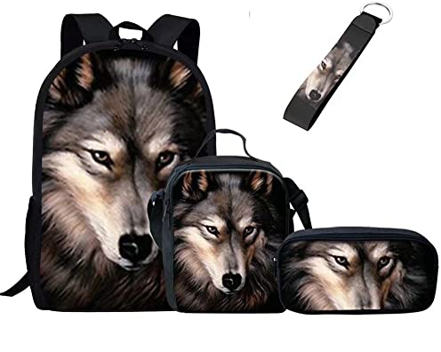 Jeiento 4Pcs Elementary Rucksack Bookbag for Primary Boys School Backpack Set with Lunch Kits Pencil Case Metal Rings Clip Keys Holder,Animal Wolf Pattern
