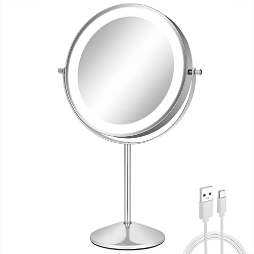 FFowcye Schminkspiegel mit Beleuchtung und Vergrößerung, 8 Tischspiegel mit 1X/10X, Einstellbare Helligkeit & 3 Lichtfarben, USB Aufladbarer Kosmetikspiegel für Schminktisch