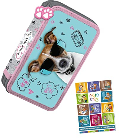 Goldkids 2-fache Federtasche Federmappe Federmäppchen 26-teilig gefüllte Schüleretui Stifte und Pinsel inkl. Aufgabenheft Federbox Etui Stiftetasche Schlamper-Etui Schul-Etui Schüleretui Hund