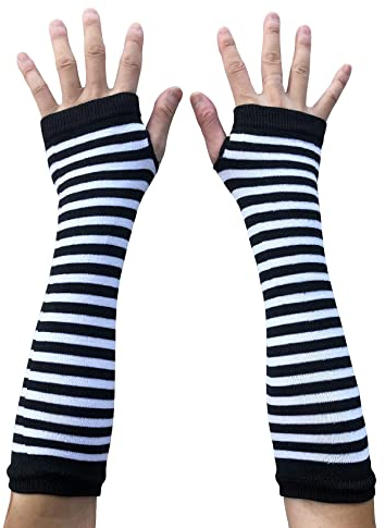 AUSUAYA Gestreifte Handschuhe, lang, fingerlos, gestrickte Armstulpen für den Winter, für Punk, Rock und Cosplay, Gothic, Halloween-Party, GB-WM-S-G5, Schwarz und Weiß gestreift, One size