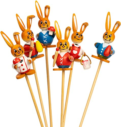SIKORA OD22 Osterdeko Blumen Deko Stecker Osterhasen Figuren aus Holz mit Holzstäben 6er Set H: 6 cm