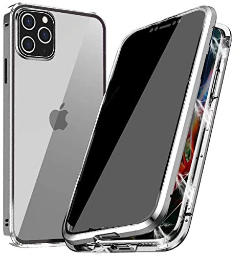 PingGoo Privacy Magnetic Case for iPhone 12 Mini, Anti Peep Tempered Glass Full Body Case, Front & Back 9H Tempered Glass, Privacy Screen Protector Metal Frame Anti Spy Case Cover, Sliver