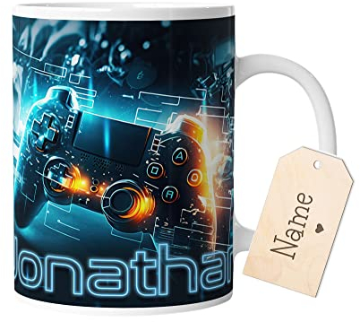 timalo® Coole Gaming Tasse personalisiert mit Namen | Kaffeetasse Geschenk für Gamer Becher | Neon blau Gamepad | mug-gamer-68