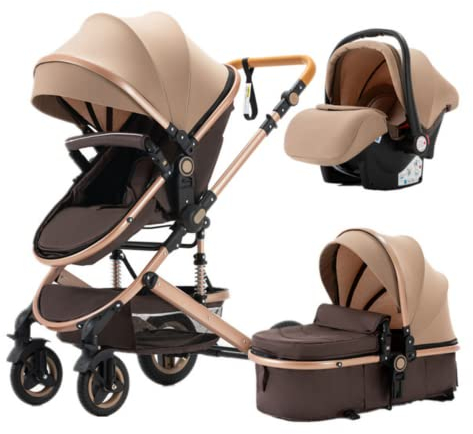 YAZOCO kinderwagen 3 in 1 Buggy Babybett Komplett Set Einem Klick Zusammenklappbarer Kinderwagen, KombiKinderwagen Aluminiumrahmen für Neugeborene Sitzzubehör (2 Khaki)