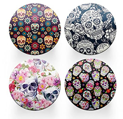 Lot de 4 dessous de verre ronds en forme de tête de mort - Motif mexicain - Pour femme - Thème : pendaison de crémaillère - Décoration de cuisine - Cadeau #80197