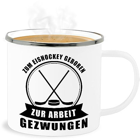 Emaille Becher Blechbecher - Deko Tasse Hobby Geschenk - Zum Eishockey geboren - Zur Arbeit gezwungen - schwarz - 300 ml - Weiß Silber