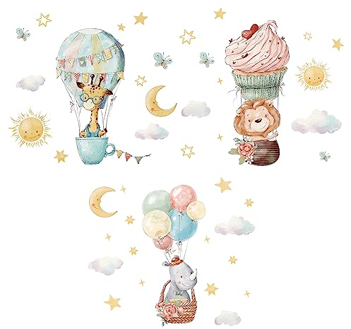 HIMKI 3 Stück Wandsticker Kinderzimmer Wandtattoo für Babyzimmer Kinderzimmer Süße Tiere Wandaufkleber Kindergarten Spielzimmer Schlafzimmer Flur Wanddeko (Giraffe,Löwe,Nashorn)