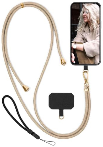 moex Unleash für Samsung Galaxy A54 5G Handyband zum Umhängen ohne Hülle, Handykette Universal mit Karabiner, Handy Band abnehmbar, Kette mit Pad für Handyhülle, Beige, Gold
