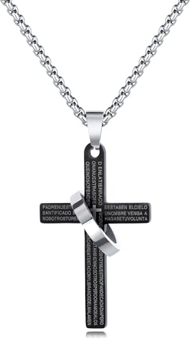 CyxenNova Kreuz Kette Herren Halskette Herren mit Ring und Kette, Edelstahl Silberkette mit Anhänger, Königskette Silber Herren, Kruzifix mit Schriftzug, Schmuck Herren Geschenke