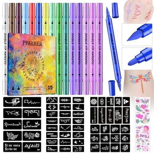 PFARRER Temporäre Tattoo Markers for Skin, Tattoo stifte für die haut 15 Body Markers + 64 Large Tattoo Stencils & 2 sheets Glow Stickers for Kids and Adults, Dual-End Tattoo Pens ZYH2310001KIT