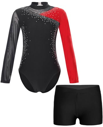 TiaoBug Turnanzug Mädchen Langarm Gymnastikanzug mit Strassstein Streifen Eiskunstlauf Body Training Leotard mit Shorts Turn Kleidung Set Rot schwarz A 98-104