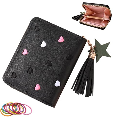 SwirlColor Geldbeutel Kinder, Nette Portmonee Kinder Portemonnaie Jungen mit Kartenhalter PU Leder Mini Geldbörse mit Quaste Reißverschluss für Teens Mädchen Frauen (Schwarz)