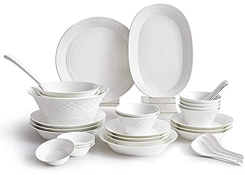 Juego de vajilla de arte de lujo de 32 piezas, juegos de vajilla de cerámica espesa con relieve en blanco puro, combinación completa de porcelana, apto para lavavajillas y microondas, servicio para 6