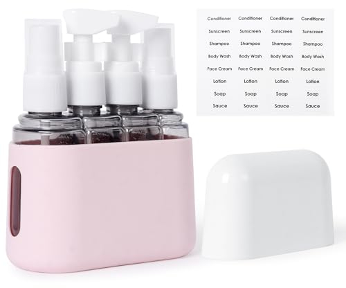 Niuoppy 4 in 1 Travel Bottles Set - 50 ML Squeeze Spray Bottles with Labels and Storage Box, for Toiletries, Shampoo, Cosmetic, Shower Gel (Light Pink)