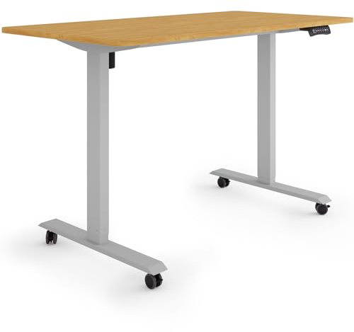 ESMART Germany ETX-121GBA 140 x 70 cm Bambus Dekor Ergonomischer Steh-Sitz-Schreibtisch auf Rollen Stufenlos elektrisch höhenverstellbar 78,5-128,5 cm 3X Memory Aktivitätserinnerung Soft-Start/Stopp