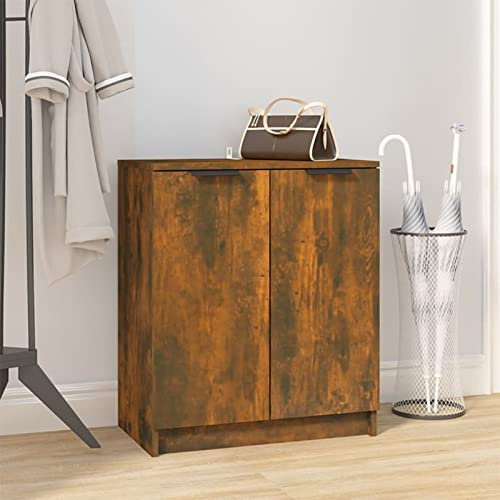 Homgoday Schuhschrank mit zwei Türen, 4 Ebenen für Schuhe, Beistellmöbel, Eingang, Wohnzimmer, Schuhschrank aus Sperrholz, Eiche rauchfarben, 59 x 35 x 70 cm