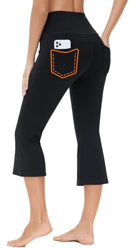 BAYGE Damen Bootcut Yogahose 3/4 Hight Waist Wasserdicht Blickdicht Bauchkontrolle Slim Fit Flared Leggings Sporthose Jeggings Schlaghose Sweathose Arbeitshose Fitnesshose mit Taschen, Schwarz, M