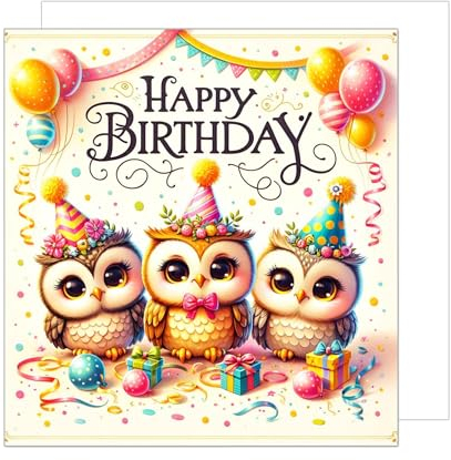 Edition Seidel Premium quadratische Geburtstagskarte mit Umschlag. Glückwunschkarte Happy Birthday Billet Karte für Mädchen Jungen Tochter Sohn Kind Kinder Eulen Motiv (GQ281 SW024)