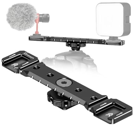 Dual Cold Shoe Mount Bracket, Dual Cold Shoe Extension with 1/4 Thread Holes Cable Slot for Flash LED Video Light Microphone
