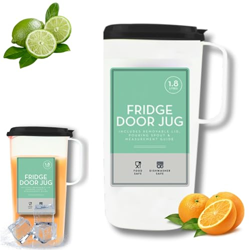 Fridge Door Jug - 1800L, L24.5 x D7cm Translucent White with Removable Grey Lid | Includes Pouring Spout and Measurement Guide | Dishwasher Safe, Leak Proof