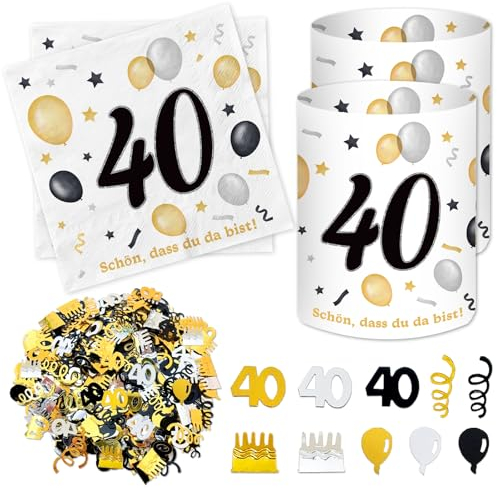 20 Stück Servietten 40 Geburtstag+12 Windlicht Tischdeko 40 + 500 Konfetti, Deko 40. Geburtstag Mann Frau, Tisch Deko 40 Jahre Schwarzes Gold