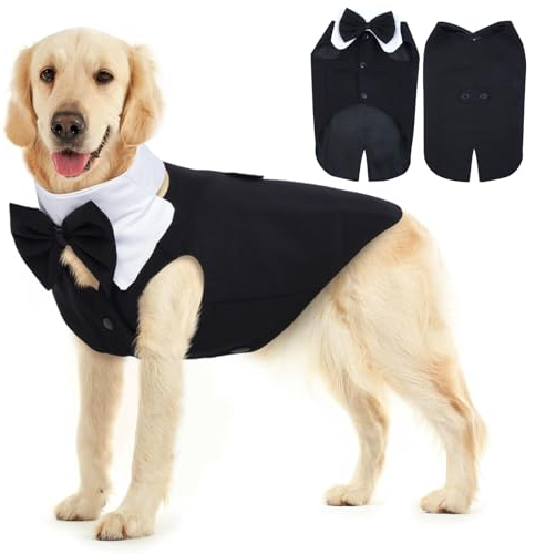 Katzinst Hund Smoking Anzug & Hundefliege, Verstellbare elastische Hundekrawatte, Hundemantel mit Knopfleiste für Mittlere und Große Hunde, Hundejacke für Partys, Hochzeiten, Dinnerpartys,2XL