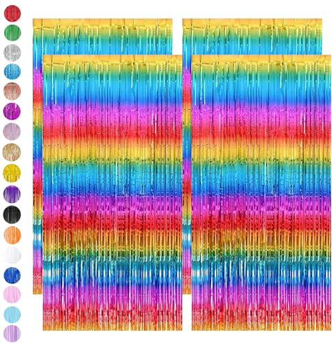 4pcs 3.2ft x 6.5ft Foil Curtain Decor,Rainbow Tinsel Curtain Party Backdrop,Rainbow Foil Fringe Streamers Metallic Tinsel Door Hanging Foil Flow Silk Streamers for Birthday Wedding Holiday Party