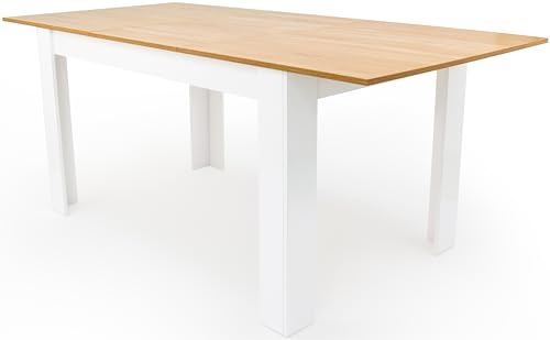 edihome, Mesa Comedor Extensible, 140-190 cm (Largo) x 90 cm (Ancho) x 78 cm (Alto) Modelo Denver, para salón, Cocina, Acabado Blanco y Cambria (Blanco/Madera Extensible)